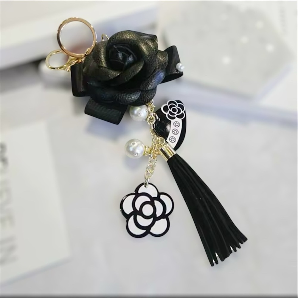 Black and White Camellia Flower & Faux Pearl Bag Charm
